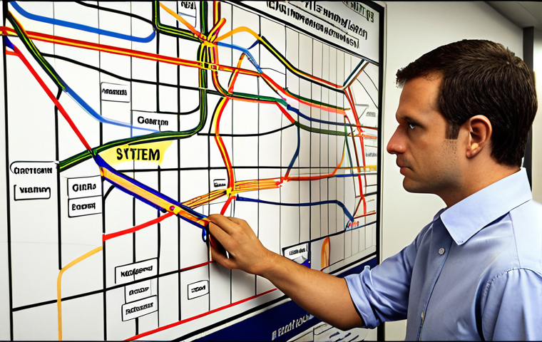 **
A team meticulously analyzing a complex system diagram resembling a subway map, highlighting application dependencies and infrastructure bottlenecks, under the title "Current System Analysis: Pinpointing Our Team's Location." The scene should evoke a sense of strategic planning and thorough evaluation.
**