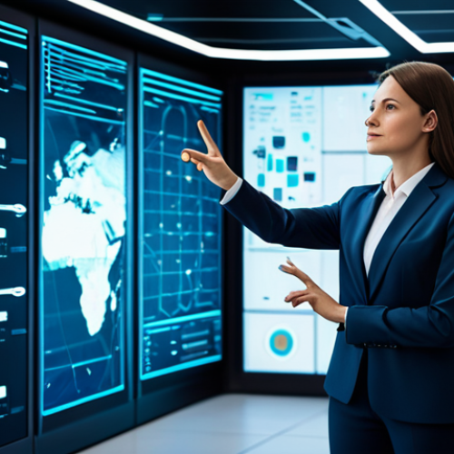 A professional female cloud engineer, fully clothed in a modest business suit, stands confidently in a futuristic, clean data center. She gestures towards a large holographic display showing an intricate, glowing cloud infrastructure network diagram, with AI-generated insights highlighting potential anomalies and simplified complexity. Perfect anatomy, correct proportions, natural pose, well-formed hands, proper finger count, natural body proportions. Professional photography, high quality, vibrant colors, clear focus. safe for work, appropriate content, fully clothed, professional.