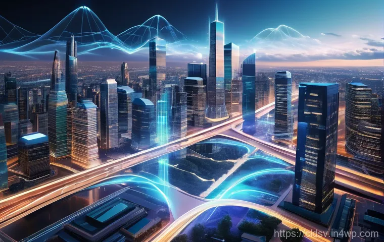 클라우드 네이티브 개발을 위한 성능 최적화 기법 - A dynamic, futuristic cityscape built upon interconnected cloud infrastructure, bathed in vibrant di...