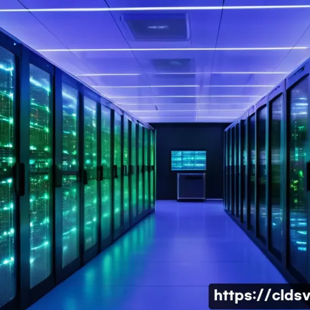 클라우드 네이티브 환경에서의 장애 복구 전략 - A visually stunning, futuristic data center interior, featuring glowing server racks and holographic...