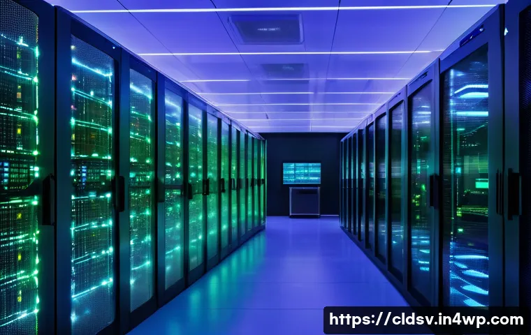 클라우드 네이티브 환경에서의 장애 복구 전략 - A visually stunning, futuristic data center interior, featuring glowing server racks and holographic...