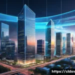 Home 21 클라우드 네이티브 개발을 위한 교육 자료 - A dynamic, high-tech cityscape at dusk, symbolizing digital transformation and innovation. Shimmerin...