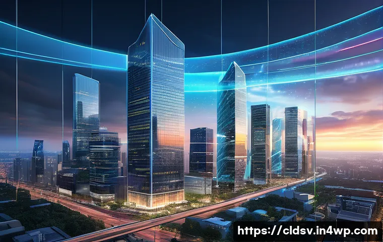 클라우드 네이티브 개발을 위한 교육 자료 - A dynamic, high-tech cityscape at dusk, symbolizing digital transformation and innovation. Shimmerin...
