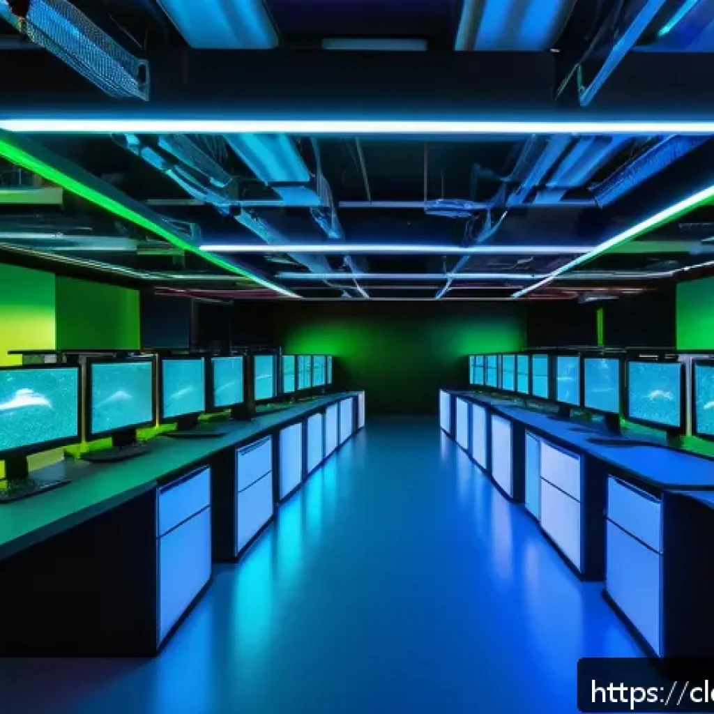 클라우드 네이티브 아키텍처 설계 도구 - A futuristic cloud-native data center interior bustling with digital activity, featuring multiple la...