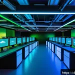 Home 20 클라우드 네이티브 아키텍처 설계 도구 - A futuristic cloud-native data center interior bustling with digital activity, featuring multiple la...