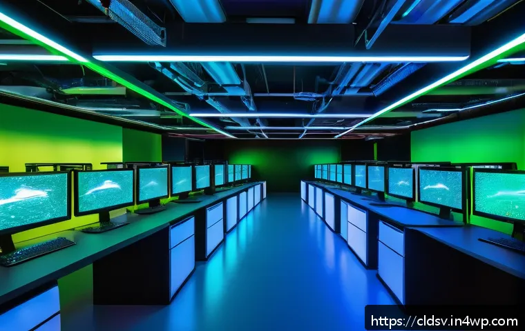 클라우드 네이티브 아키텍처 설계 도구 - A futuristic cloud-native data center interior bustling with digital activity, featuring multiple la...
