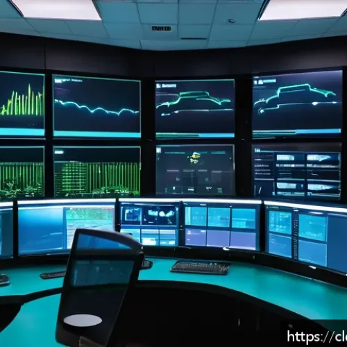 Home 31 클라우드 네이티브 개발을 위한 컨테이너 오케스트레이션 - A detailed, futuristic data center control room with multiple large digital screens displaying conta...