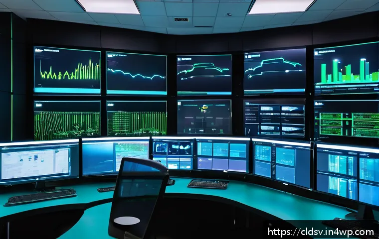 클라우드 네이티브 개발을 위한 컨테이너 오케스트레이션 - A detailed, futuristic data center control room with multiple large digital screens displaying conta...