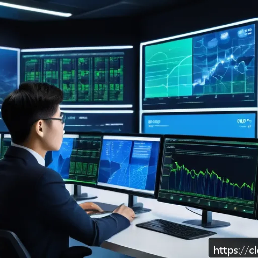 클라우드 네이티브 애플리케이션의 비용 관리 - A detailed futuristic cloud data center control room with multiple large digital screens showing rea...