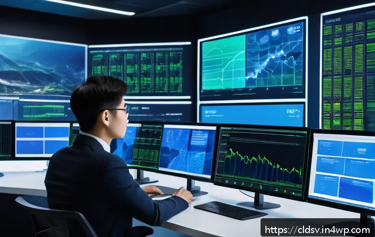 클라우드 네이티브 애플리케이션의 비용 관리 - A detailed futuristic cloud data center control room with multiple large digital screens showing rea...
