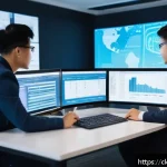 Home 23 클라우드 네이티브 애플리케이션의 지속적 통합 - A futuristic software development team collaborating in a bright, modern office filled with multiple...
