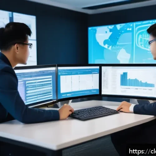 Home 17 클라우드 네이티브 애플리케이션의 지속적 통합 - A futuristic software development team collaborating in a bright, modern office filled with multiple...